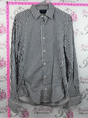 Zara super slim fit shirt navy Black and White Vertical Stripe Button-Down Shirt